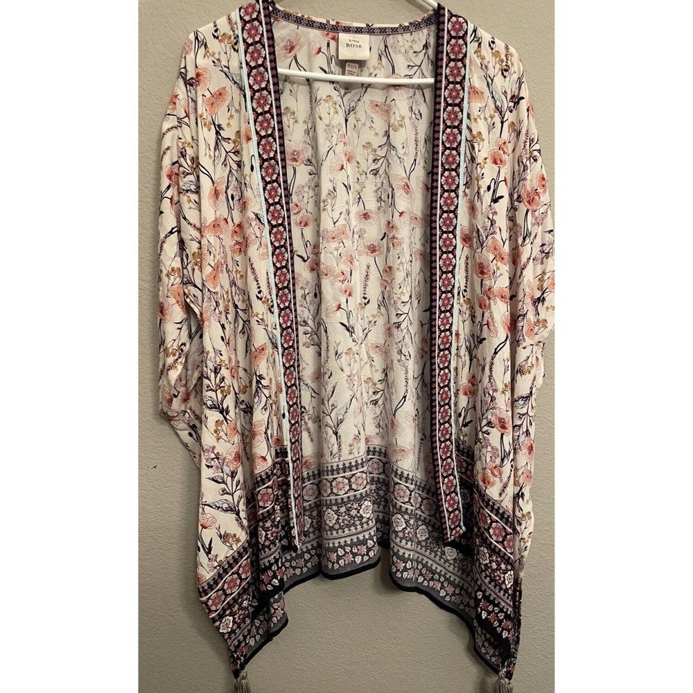 KNOX ROSE Women Top XS/S Pink Floral Kimono Cardigan Boho Open Front Tasseled